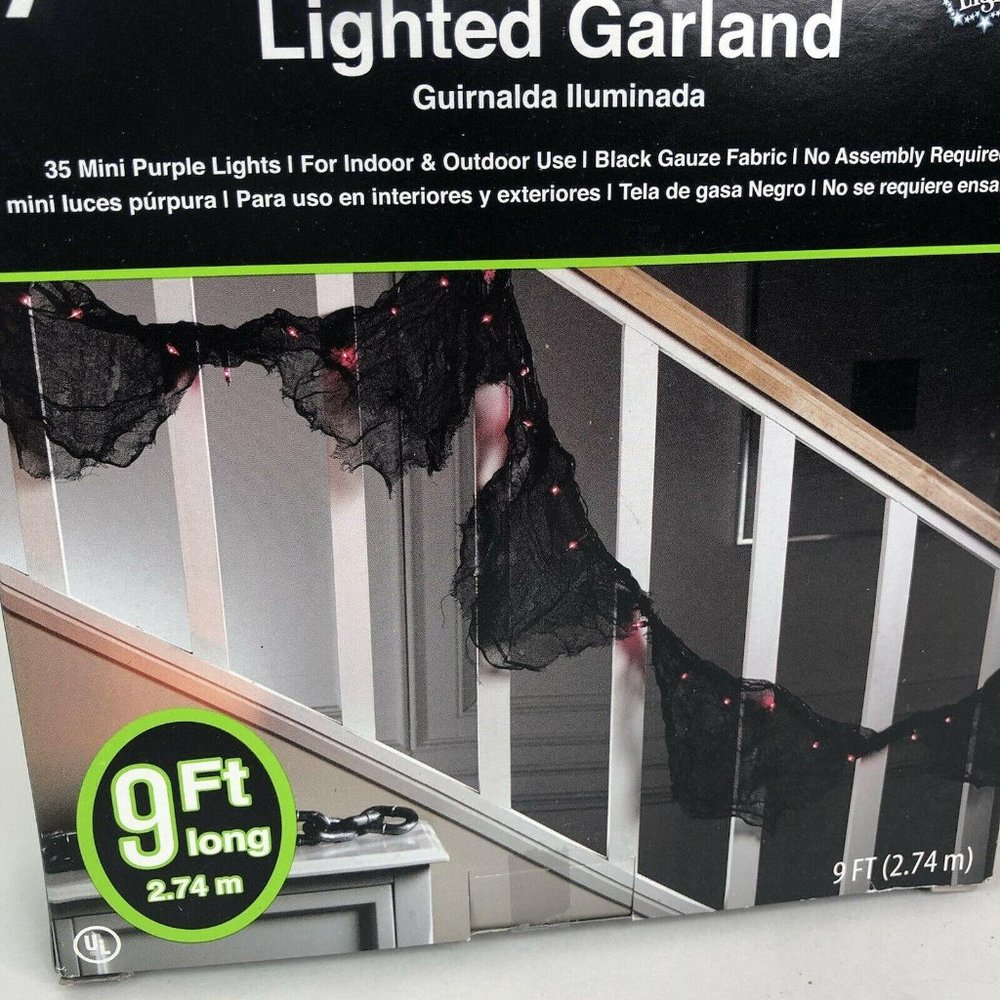 Halloween Lighted 9' Black Gauze Garland with 35 M